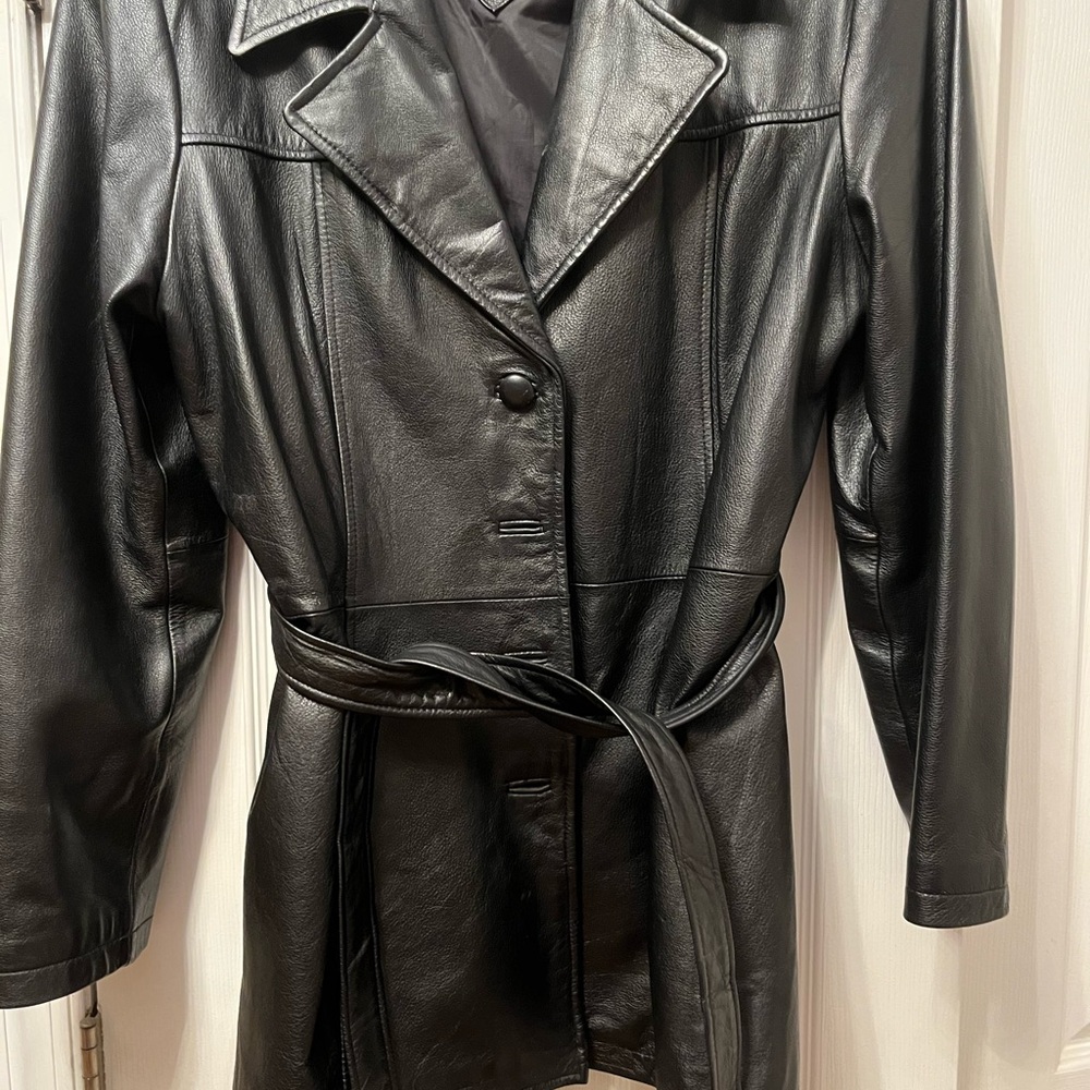 Women's Black Leather Belted Jacket